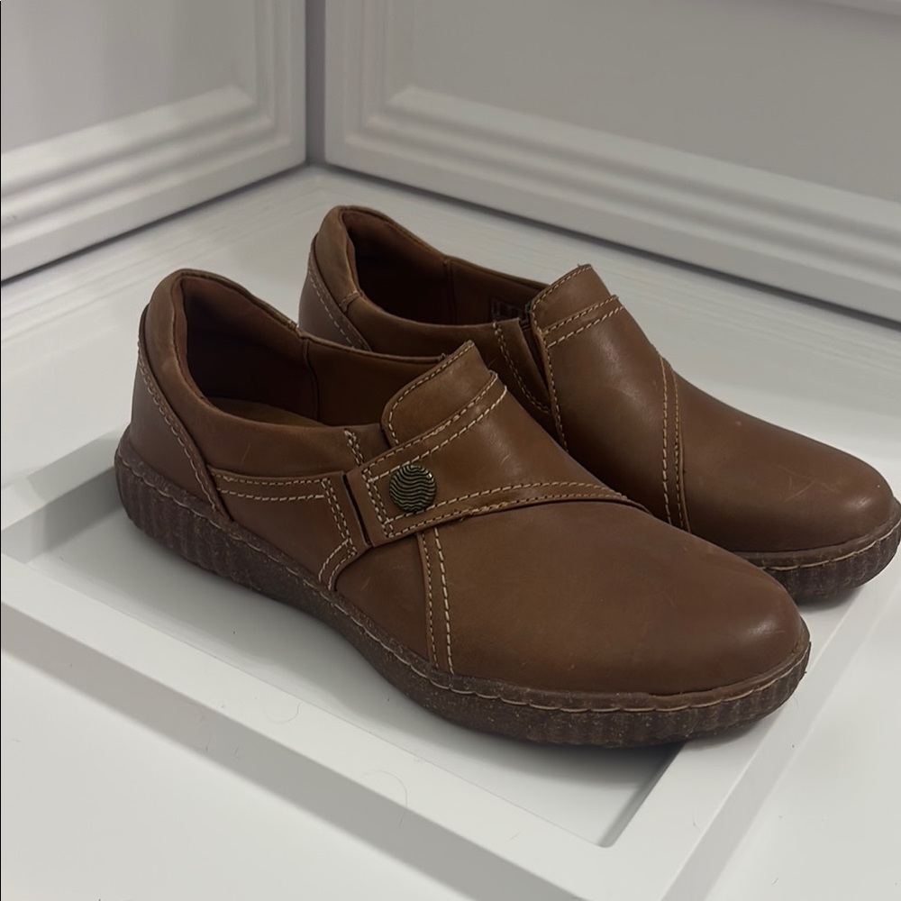 Clarks Brown Leather Loafers with Decorative Strap. Worn once
